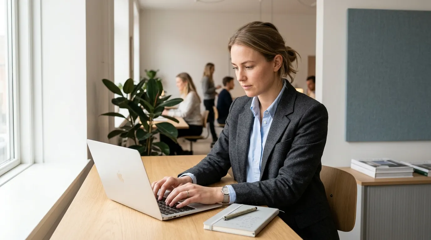 Erhvervslån til konsulent Konsulent arbejder ved laptop i et roligt kontormiljø